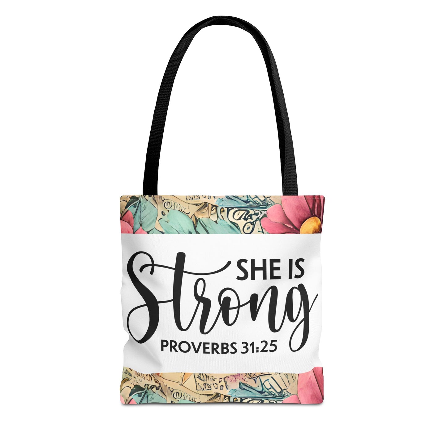 She Is Strong floral Print Travel designer bag – Proverbs 31:25 | Bold Faith, Everyday Style Double sided print