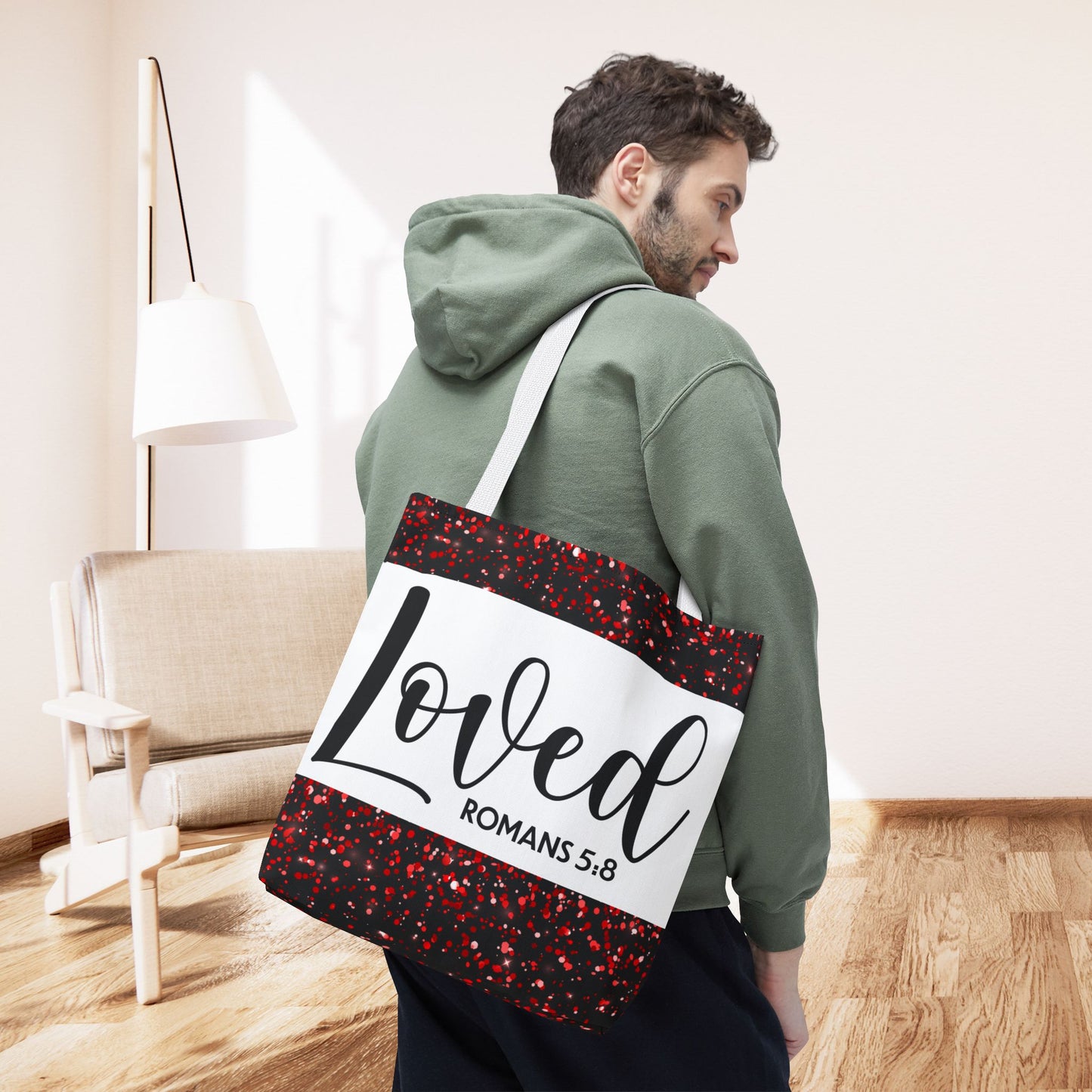 Loved Designer Travel Bag – Romans 5:8 | Inspirational Christian Bag Celebrating Unconditional Love" Loved romans 5:8 designer travel bag