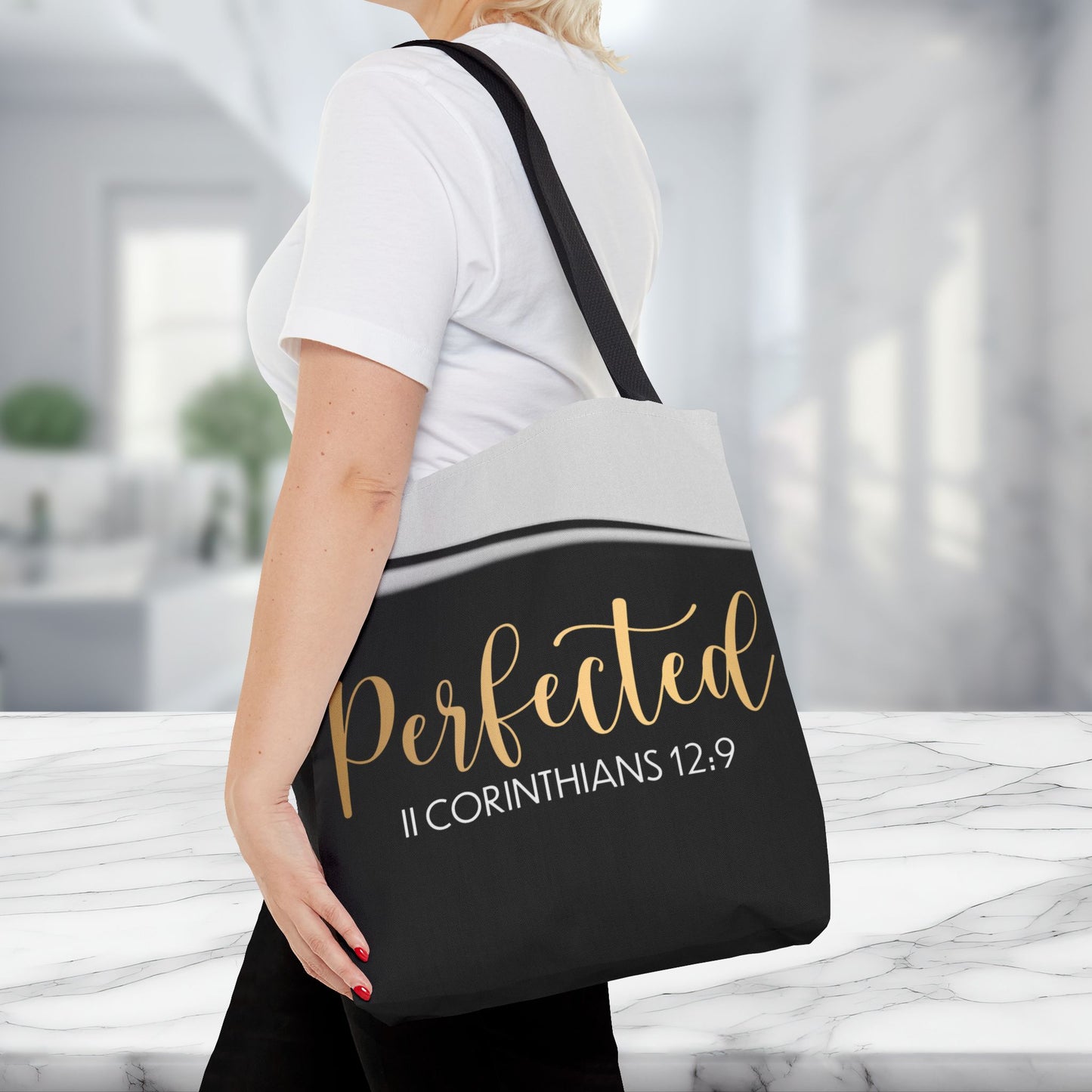 Perfected Inspirational Travel Tote bag Perfected – 2 Corinthians 12:9 Inspirational Scripture Carryall Bag