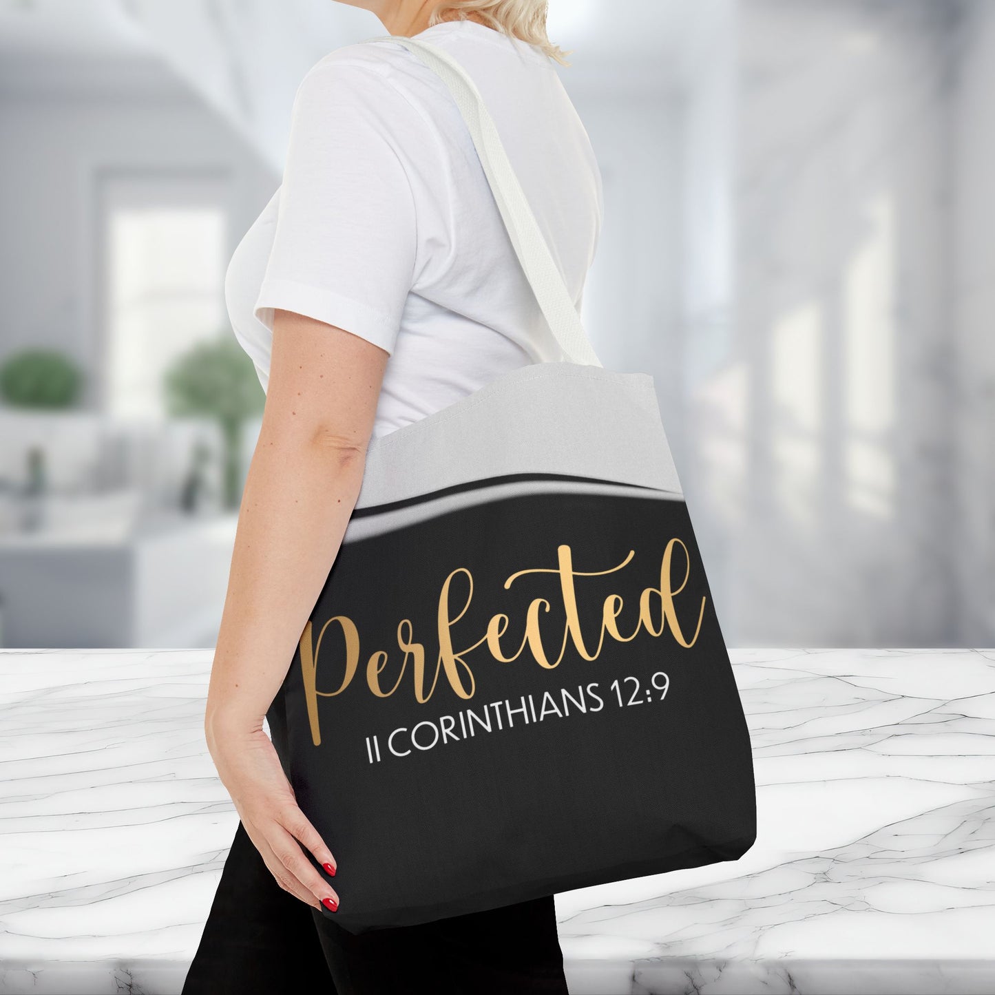 Perfected Inspirational Travel Tote bag Perfected – 2 Corinthians 12:9 Inspirational Scripture Carryall Bag