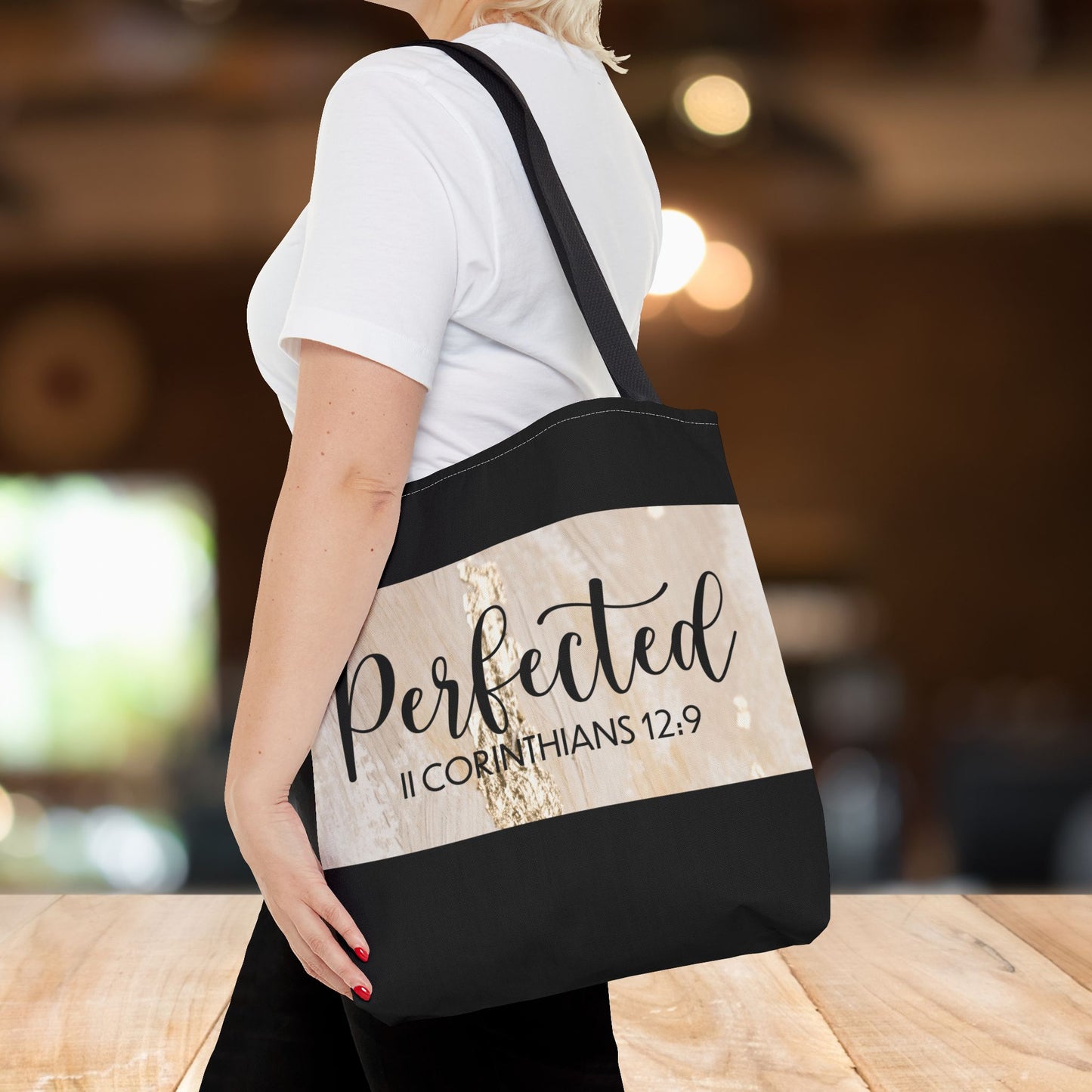 Perfect in Weakness – 2 Corinthians 12:9 Inspirational Scripture Travel Tote Bag (Double-sided print)