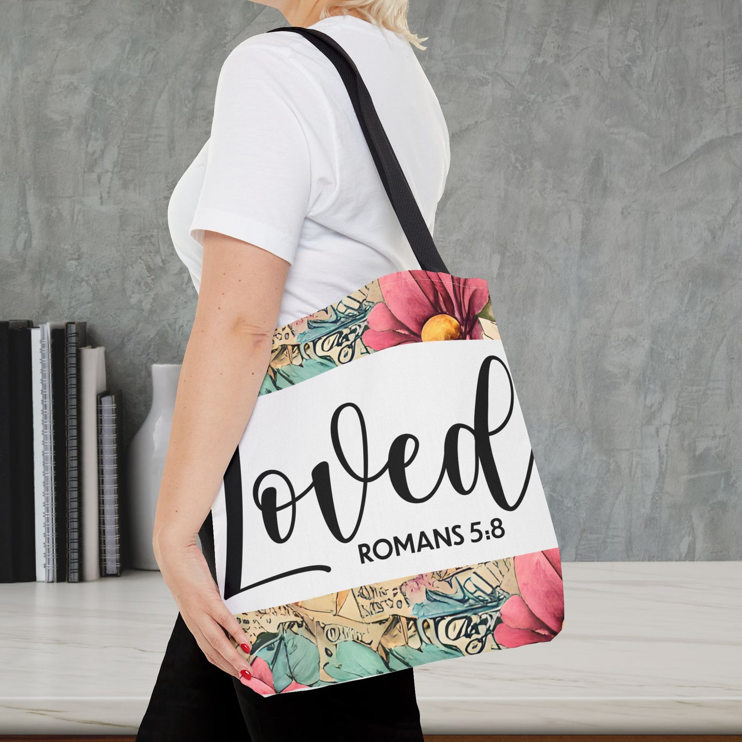 Loved romans 5:8 designer travel bag Unconditional Love" (double sided print) – Romans 5:8 Scripture-Inspired Fashion for the Faithful