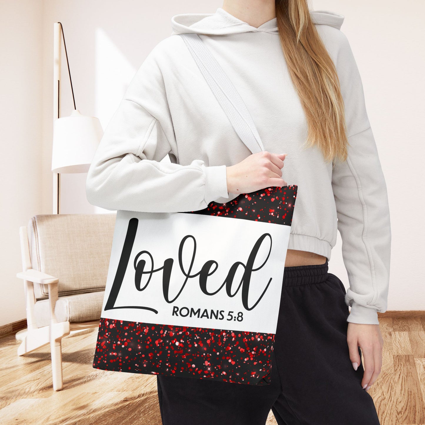 Loved Designer Travel Bag – Romans 5:8 | Inspirational Christian Bag Celebrating Unconditional Love" Loved romans 5:8 designer travel bag