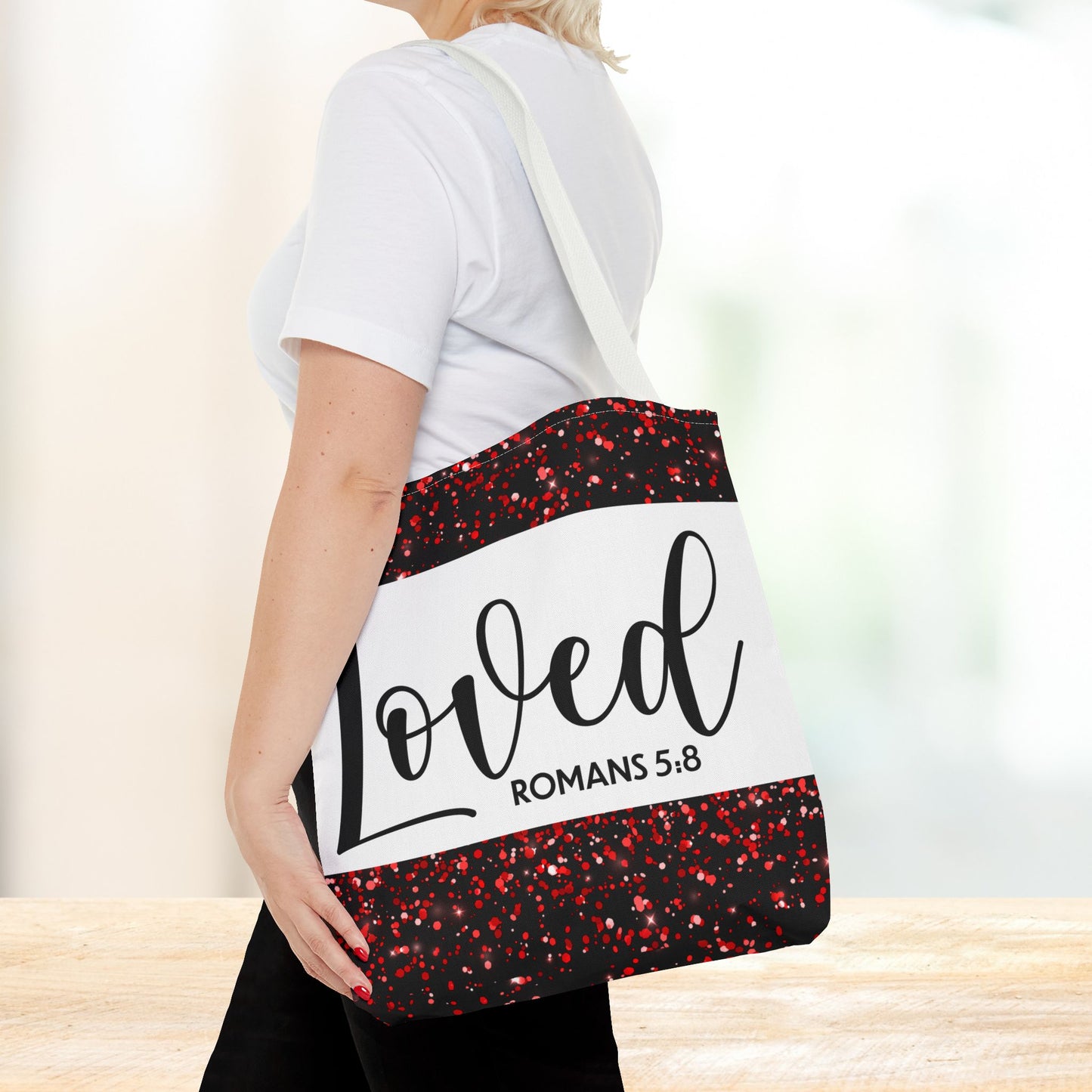Loved Designer Travel Bag – Romans 5:8 | Inspirational Christian Bag Celebrating Unconditional Love" Loved romans 5:8 designer travel bag
