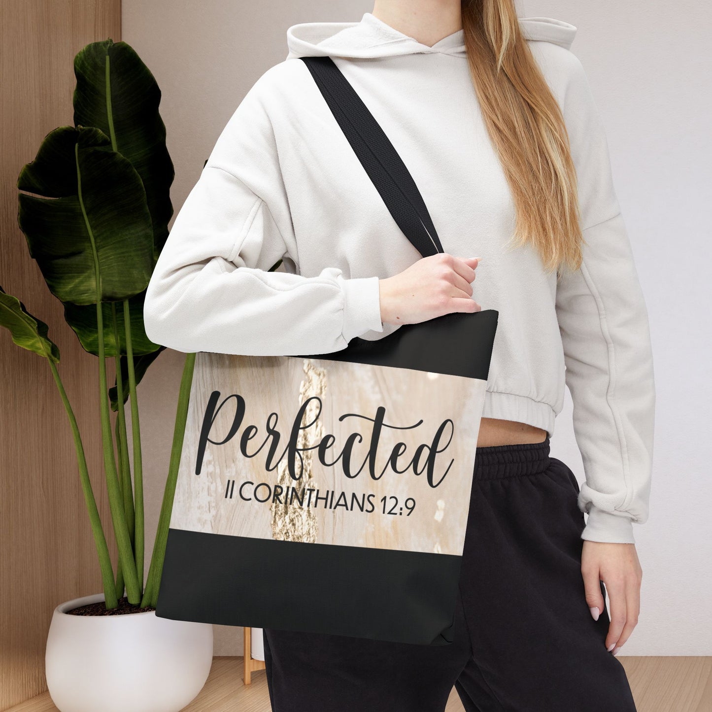 Perfect in Weakness – 2 Corinthians 12:9 Inspirational Scripture Travel Tote Bag (Double-sided print)