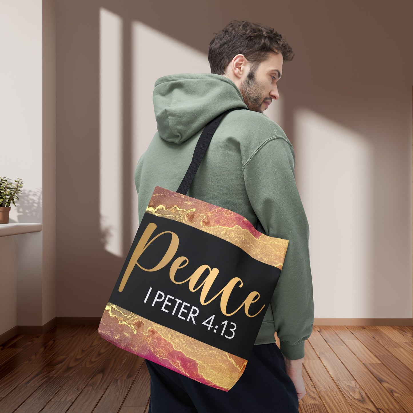 Peace I Peter 4:13" - Elegant Black & Gold Design Peaceful Strength Custom Designer Travel Bag – 1 Peter 4:13 Scripture Comfort on the Go