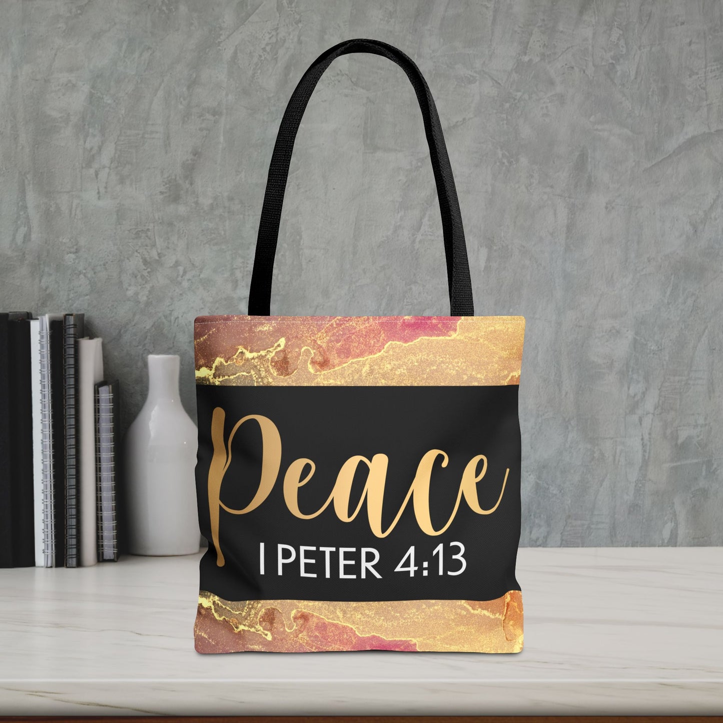 Peace I Peter 4:13" - Elegant Black & Gold Design Peaceful Strength Custom Designer Travel Bag – 1 Peter 4:13 Scripture Comfort on the Go