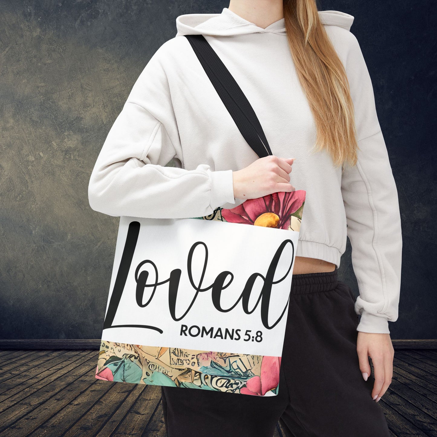 Loved romans 5:8 designer travel bag Unconditional Love" (double sided print) – Romans 5:8 Scripture-Inspired Fashion for the Faithful