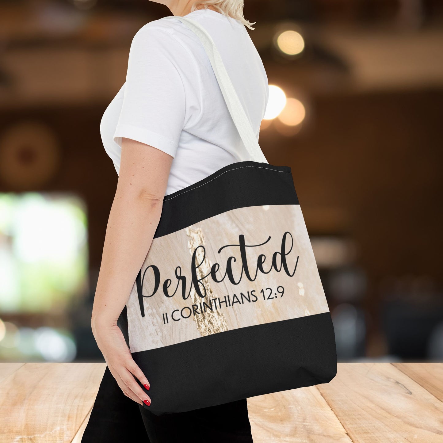 Perfect in Weakness – 2 Corinthians 12:9 Inspirational Scripture Travel Tote Bag (Double-sided print)