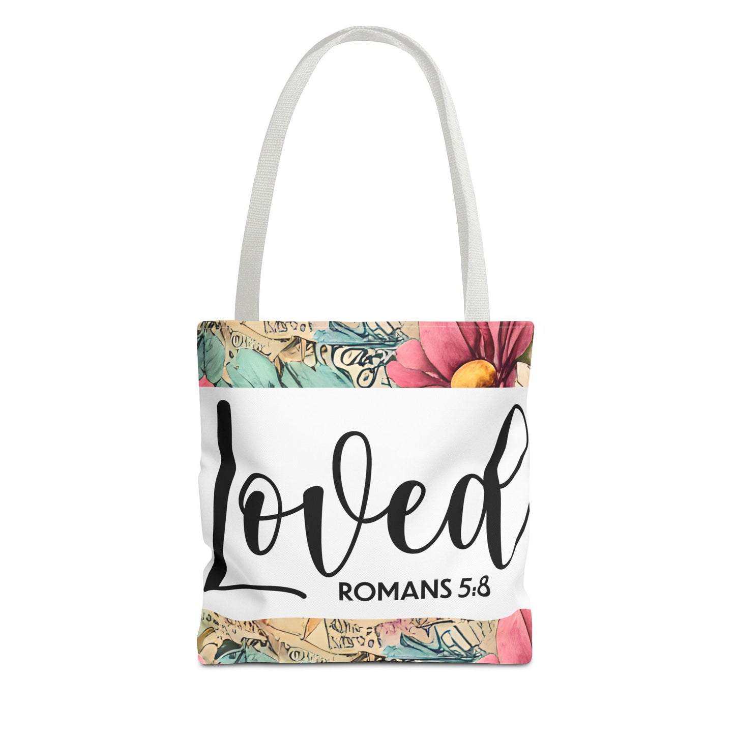 Loved romans 5:8 designer travel bag Unconditional Love" (double sided print) – Romans 5:8 Scripture-Inspired Fashion for the Faithful