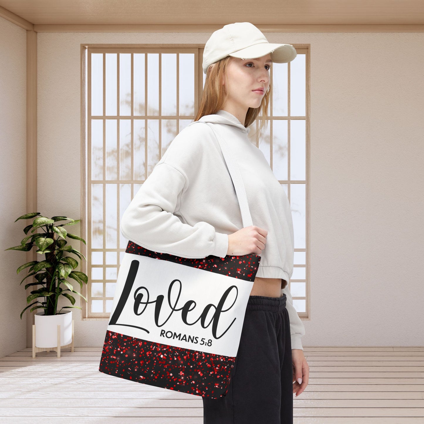 Loved Designer Travel Bag – Romans 5:8 | Inspirational Christian Bag Celebrating Unconditional Love" Loved romans 5:8 designer travel bag