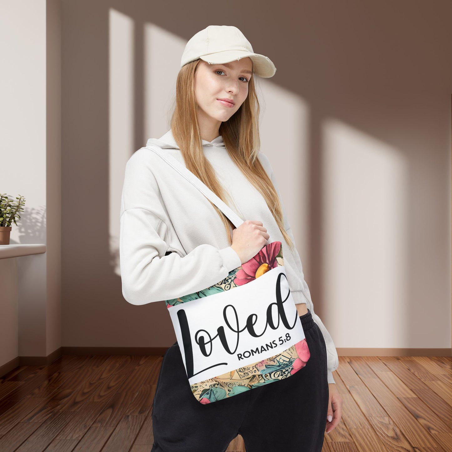 Loved romans 5:8 designer travel bag Unconditional Love" (double sided print) – Romans 5:8 Scripture-Inspired Fashion for the Faithful