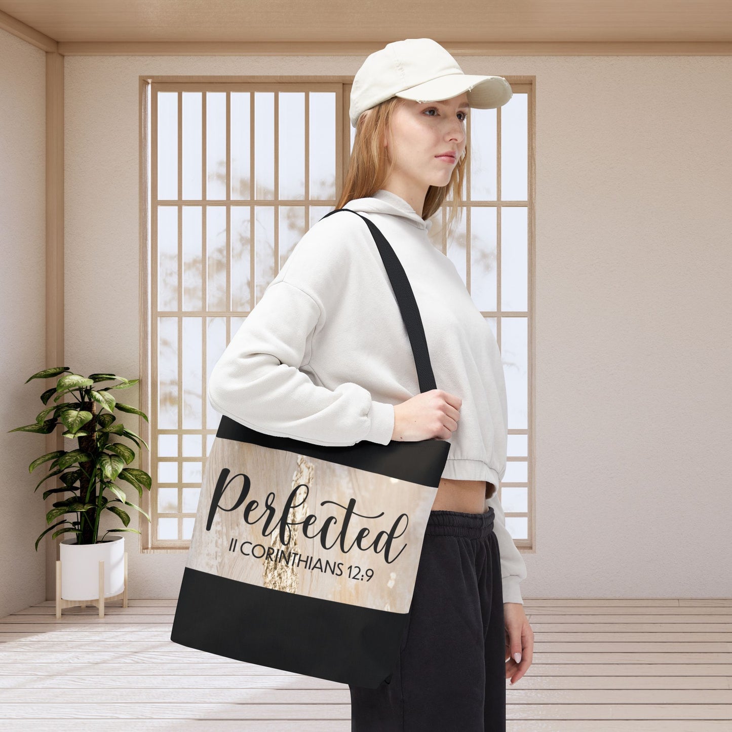 Perfect in Weakness – 2 Corinthians 12:9 Inspirational Scripture Travel Tote Bag (Double-sided print)