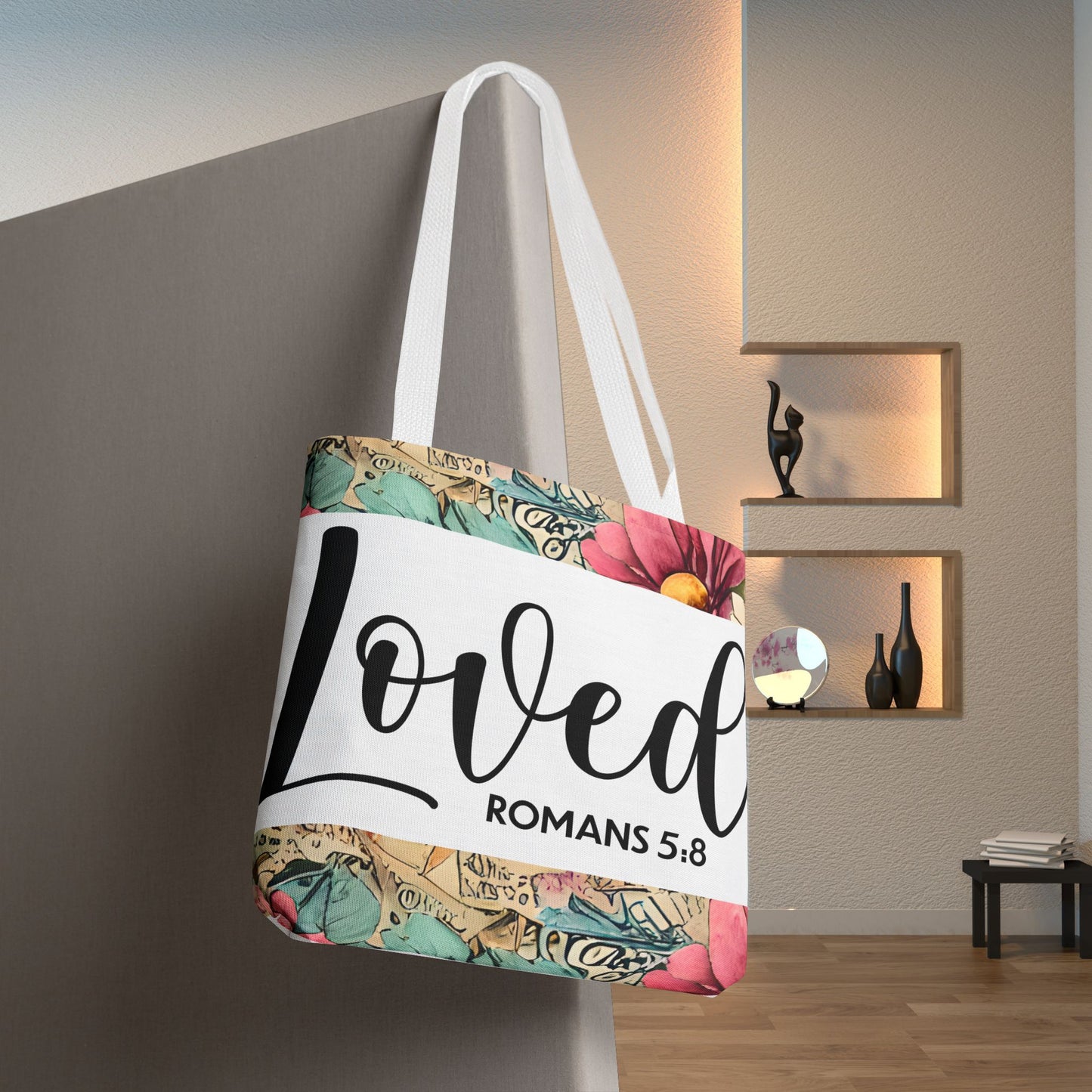 Loved romans 5:8 designer travel bag Unconditional Love" (double sided print) – Romans 5:8 Scripture-Inspired Fashion for the Faithful
