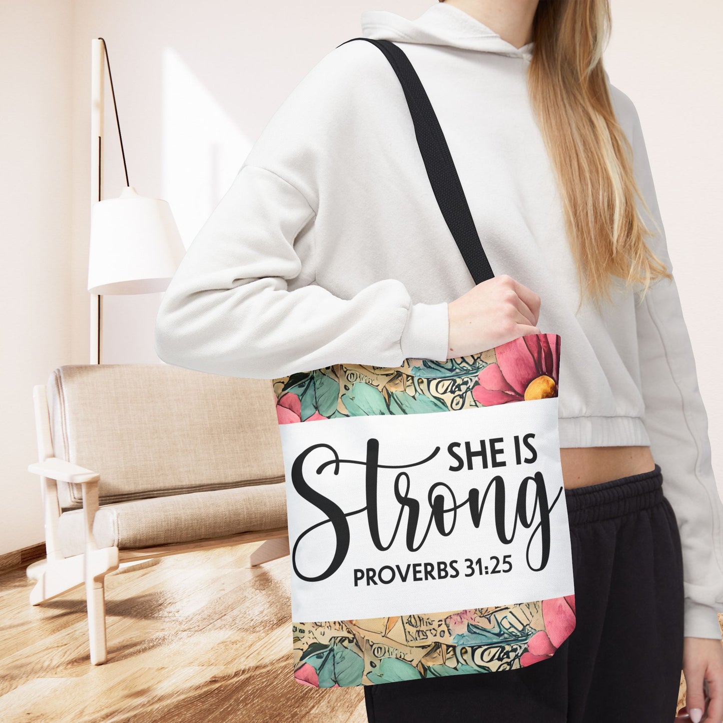 She Is Strong floral Print Travel designer bag – Proverbs 31:25 | Bold Faith, Everyday Style Double sided print