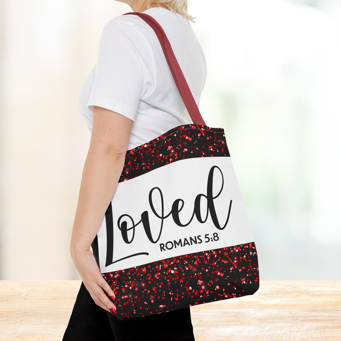 Loved Designer Travel Bag – Romans 5:8 | Inspirational Christian Bag Celebrating Unconditional Love" Loved romans 5:8 designer travel bag