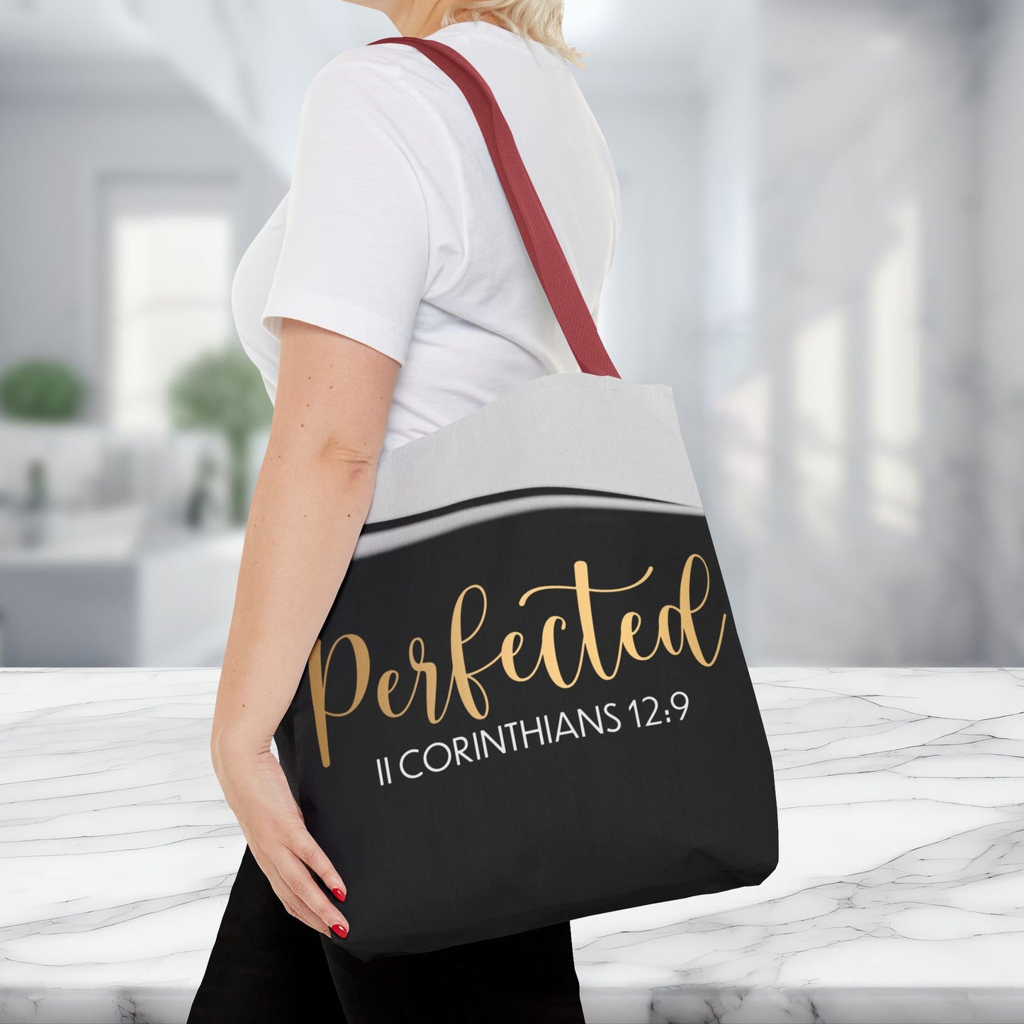 Perfected Inspirational Travel Tote bag Perfected – 2 Corinthians 12:9 Inspirational Scripture Carryall Bag