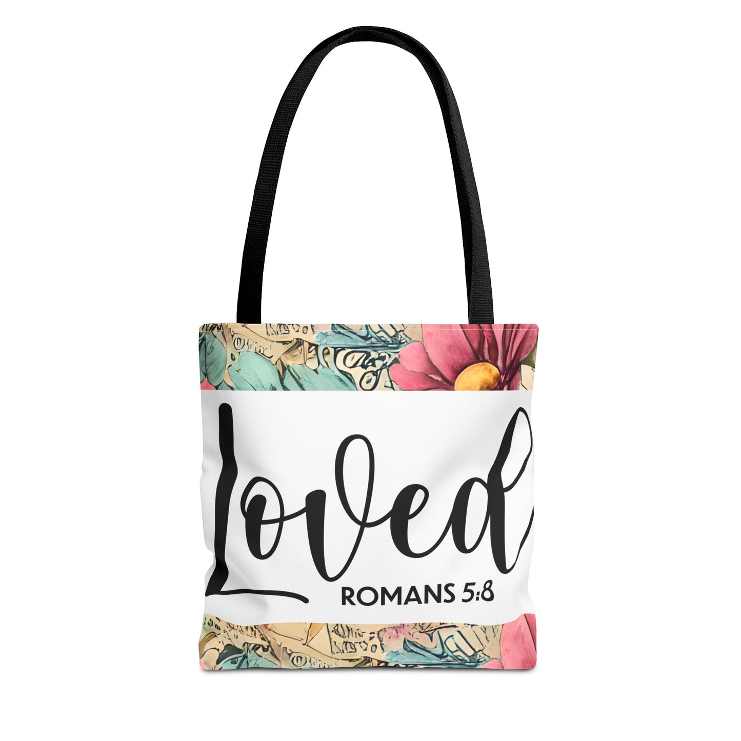 Loved romans 5:8 designer travel bag Unconditional Love" (double sided print) – Romans 5:8 Scripture-Inspired Fashion for the Faithful
