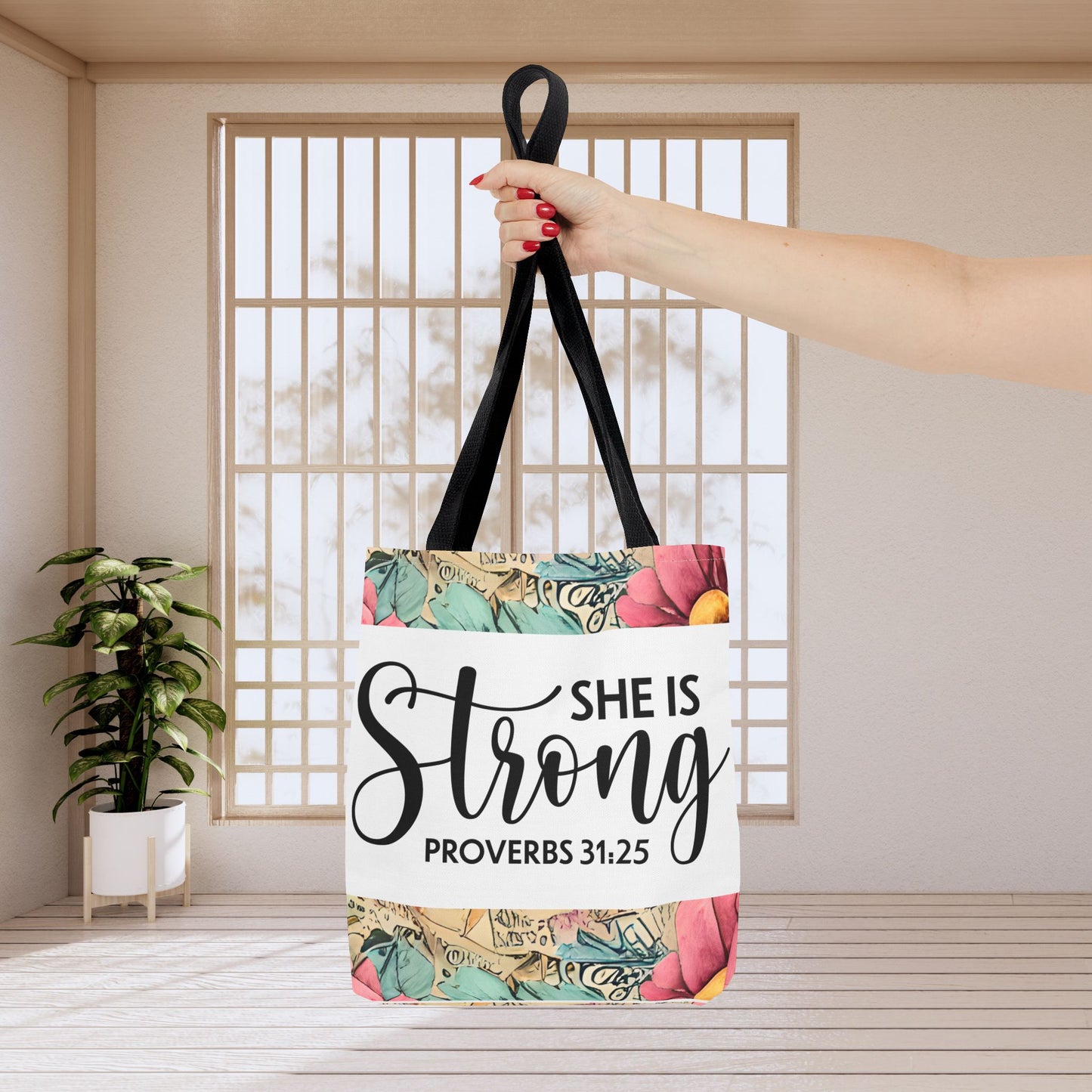 She Is Strong floral Print Travel designer bag – Proverbs 31:25 | Bold Faith, Everyday Style Double sided print