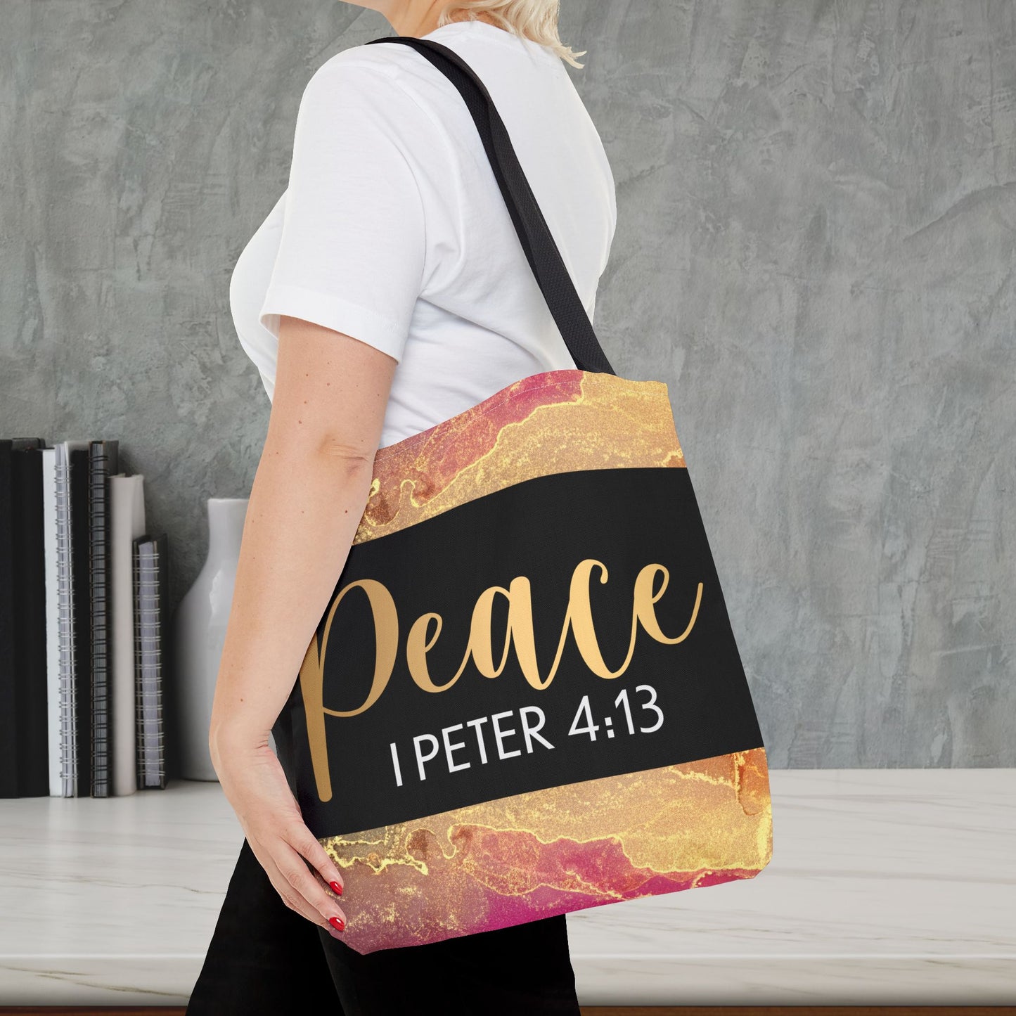 Peace I Peter 4:13" - Elegant Black & Gold Design Peaceful Strength Custom Designer Travel Bag – 1 Peter 4:13 Scripture Comfort on the Go