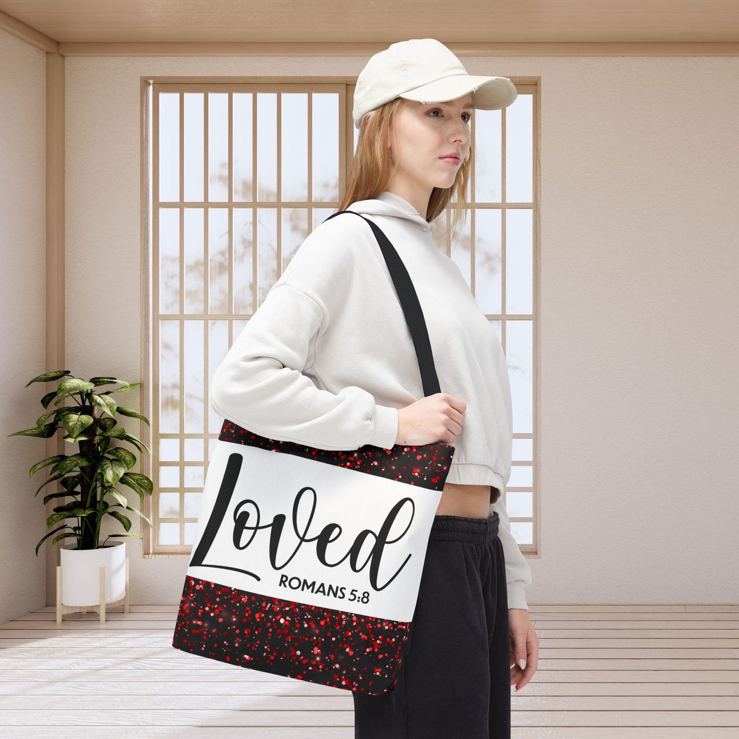 Loved Designer Travel Bag – Romans 5:8 | Inspirational Christian Bag Celebrating Unconditional Love" Loved romans 5:8 designer travel bag