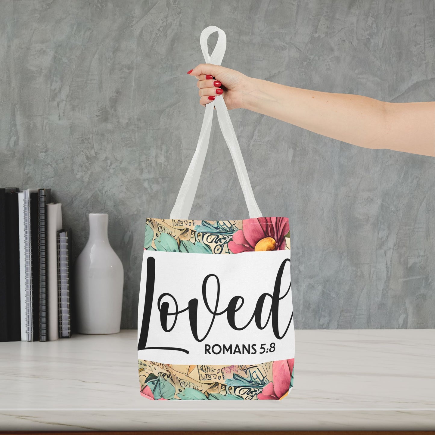 Loved romans 5:8 designer travel bag Unconditional Love" (double sided print) – Romans 5:8 Scripture-Inspired Fashion for the Faithful