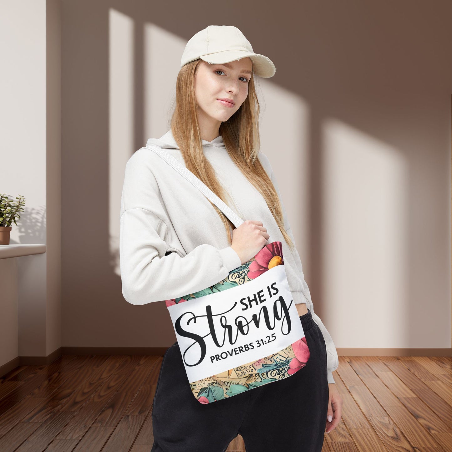 She Is Strong floral Print Travel designer bag – Proverbs 31:25 | Bold Faith, Everyday Style Double sided print