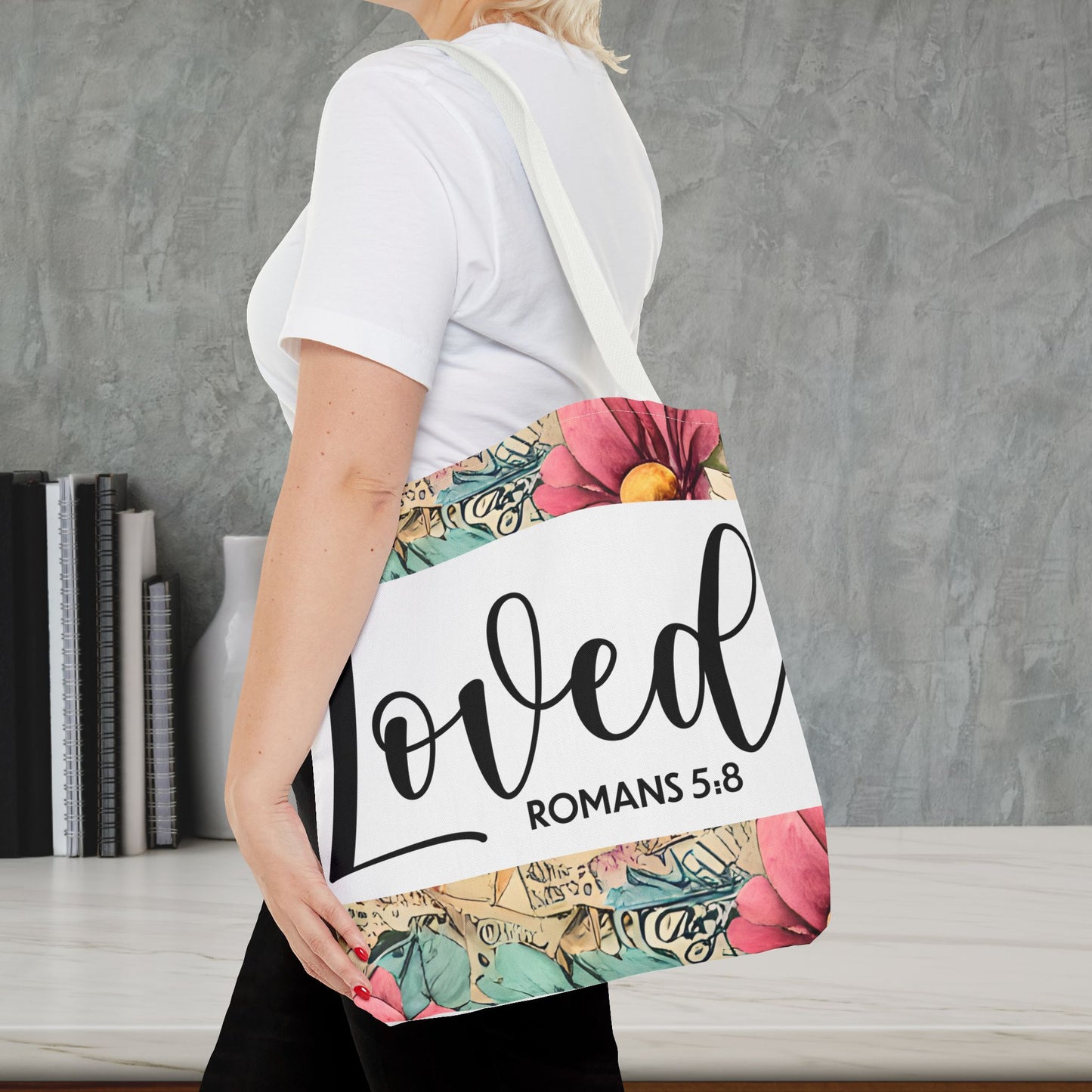 Loved romans 5:8 designer travel bag Unconditional Love" (double sided print) – Romans 5:8 Scripture-Inspired Fashion for the Faithful