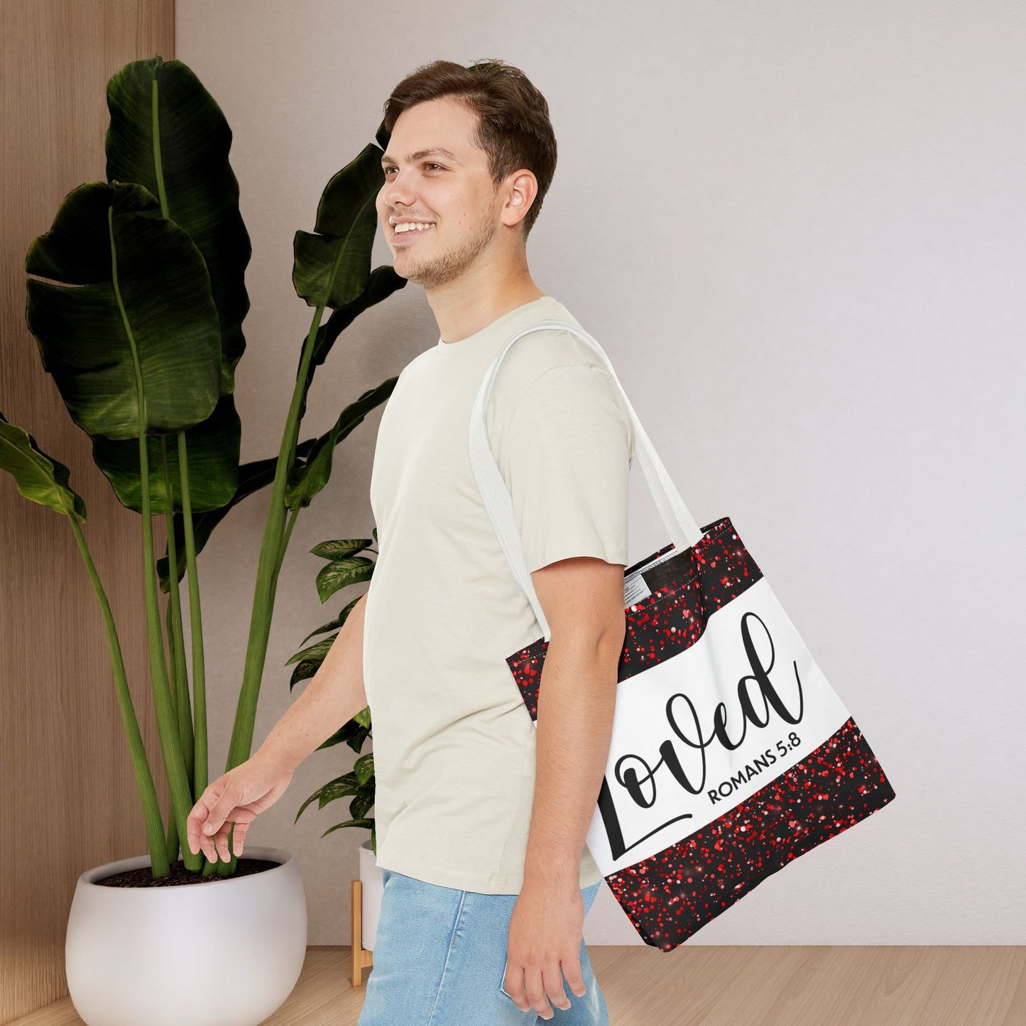 Loved Designer Travel Bag – Romans 5:8 | Inspirational Christian Bag Celebrating Unconditional Love" Loved romans 5:8 designer travel bag