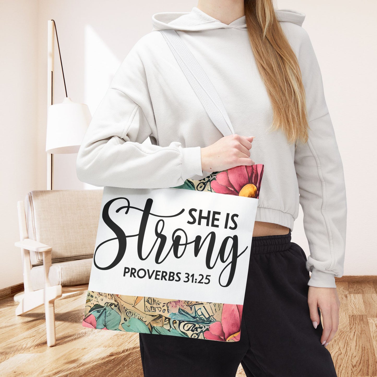 She Is Strong floral Print Travel designer bag – Proverbs 31:25 | Bold Faith, Everyday Style Double sided print