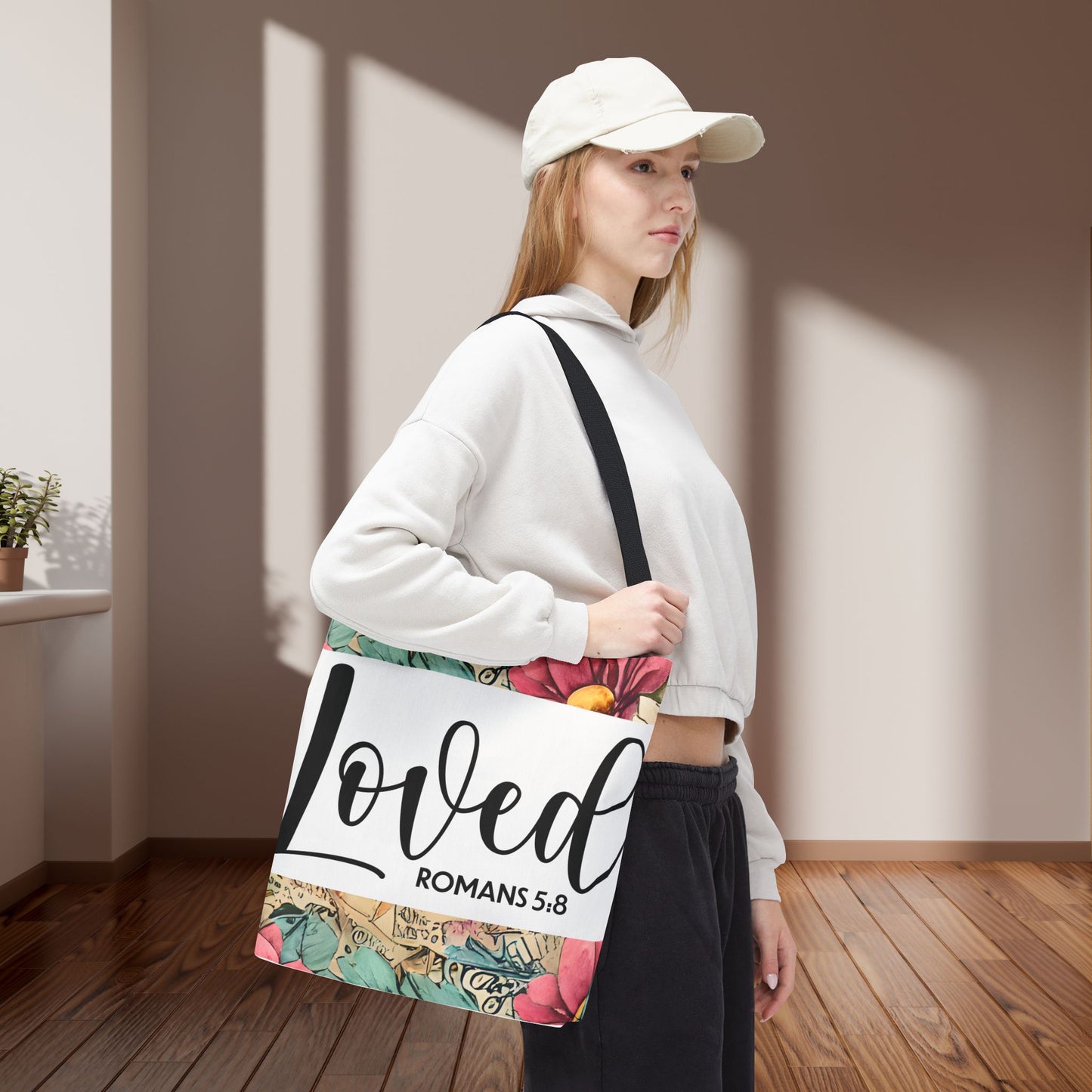 Loved romans 5:8 designer travel bag Unconditional Love" (double sided print) – Romans 5:8 Scripture-Inspired Fashion for the Faithful