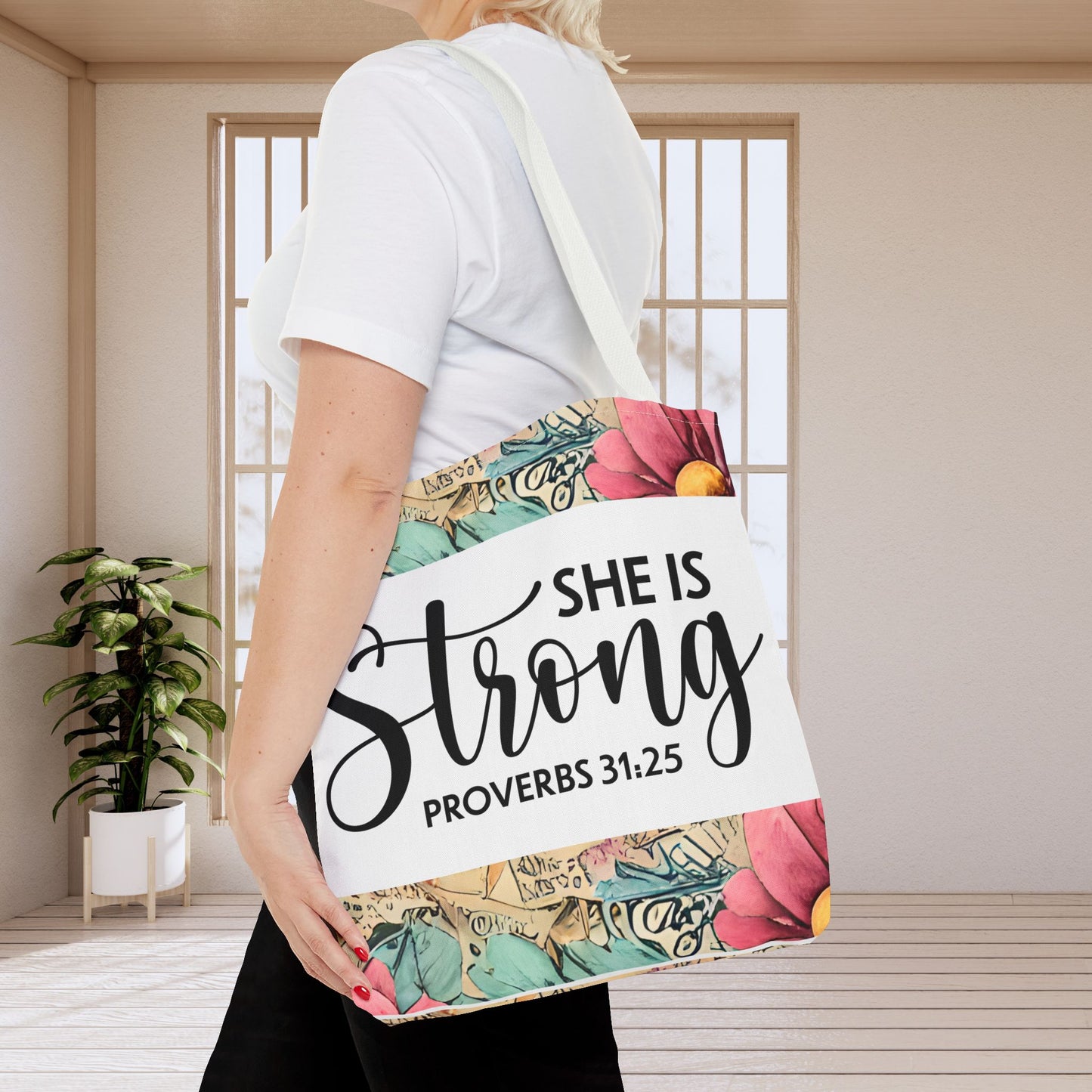 She Is Strong floral Print Travel designer bag – Proverbs 31:25 | Bold Faith, Everyday Style Double sided print