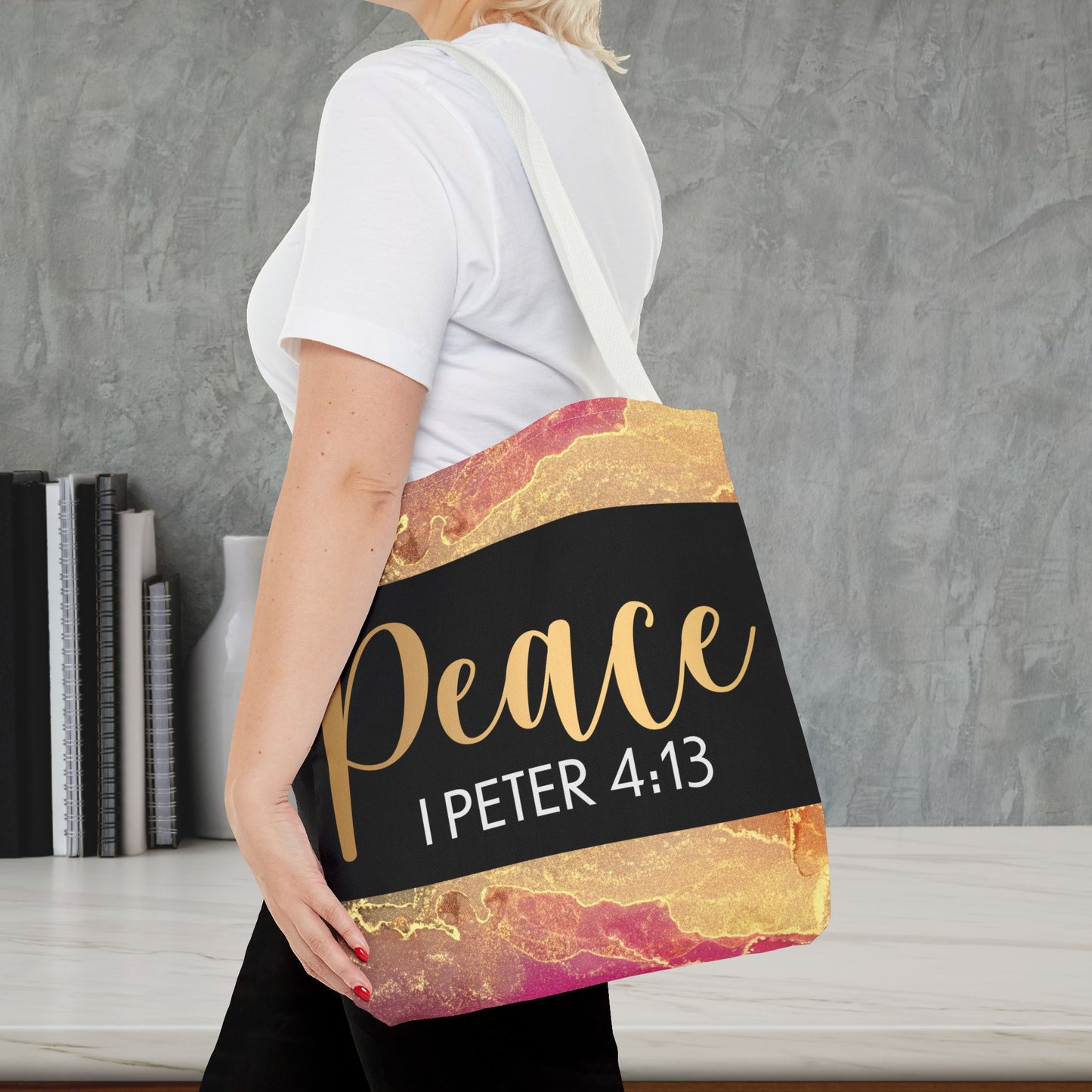 Peace I Peter 4:13" - Elegant Black & Gold Design Peaceful Strength Custom Designer Travel Bag – 1 Peter 4:13 Scripture Comfort on the Go