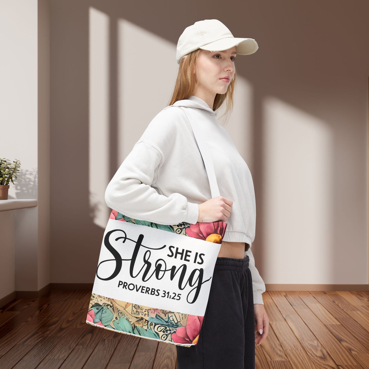 She Is Strong floral Print Travel designer bag – Proverbs 31:25 | Bold Faith, Everyday Style Double sided print