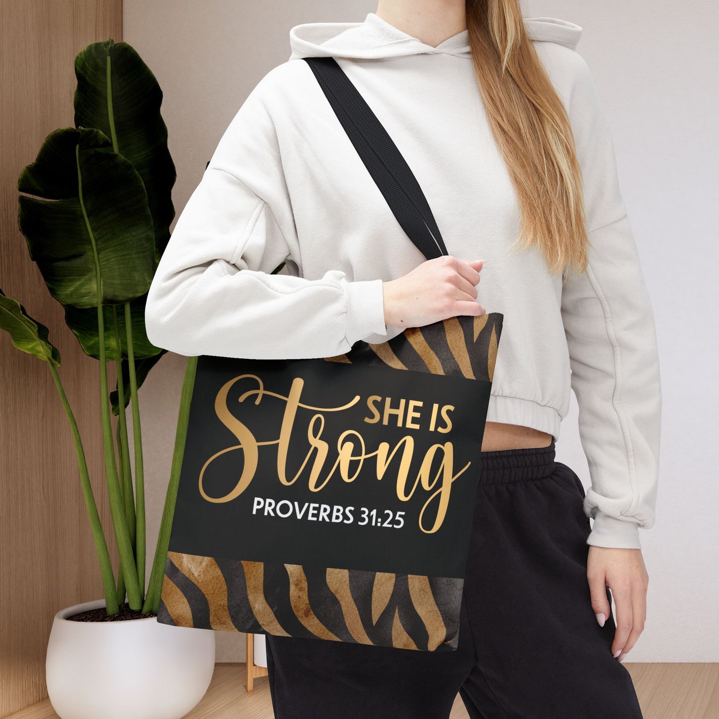 She is Strong Leopard Print Travel Bag | Inspirational Proverbs 31:25 Inspired Designer Travel Bag for Faith-Filled Living Double sided print and Everyday Encouragement