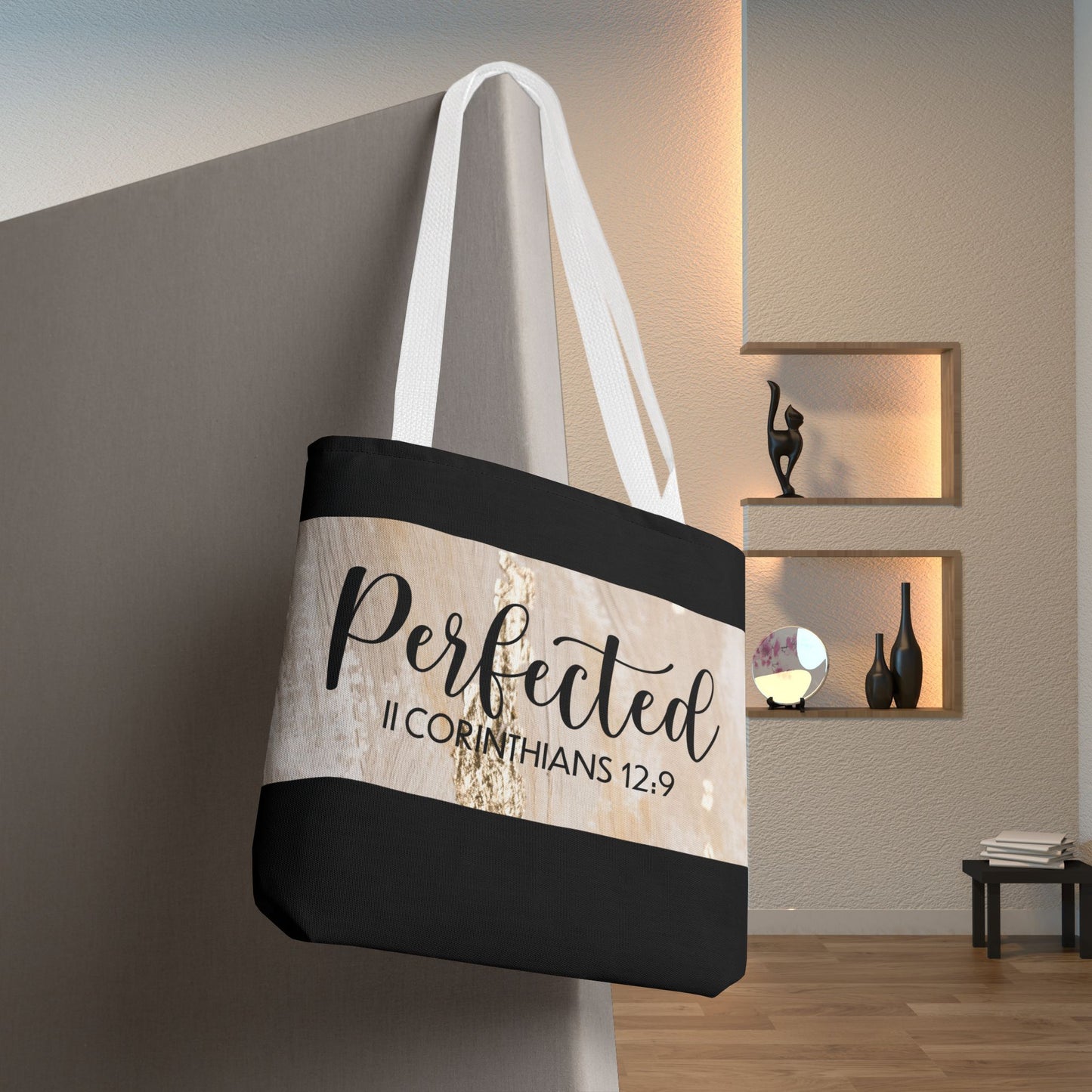 Perfect in Weakness – 2 Corinthians 12:9 Inspirational Scripture Travel Tote Bag (Double-sided print)