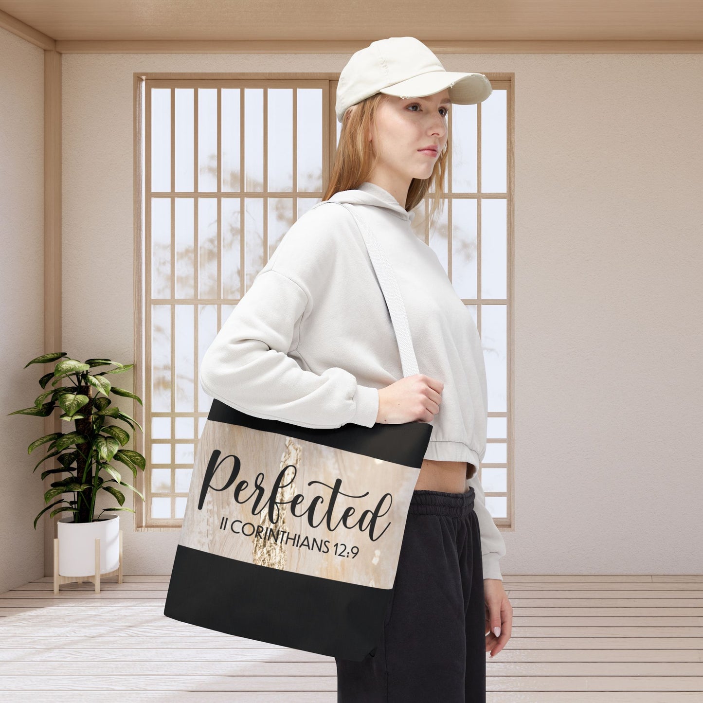 Perfect in Weakness – 2 Corinthians 12:9 Inspirational Scripture Travel Tote Bag (Double-sided print)