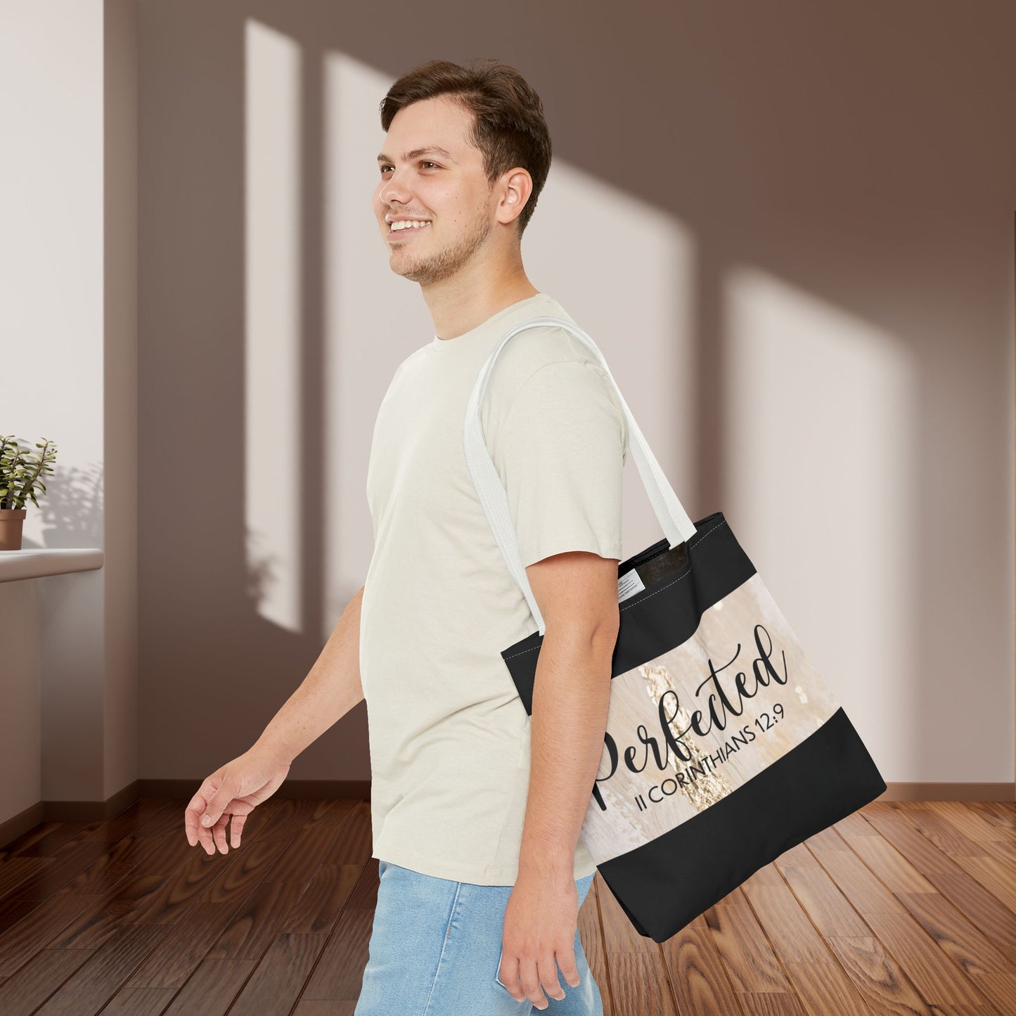 Perfect in Weakness – 2 Corinthians 12:9 Inspirational Scripture Travel Tote Bag (Double-sided print)