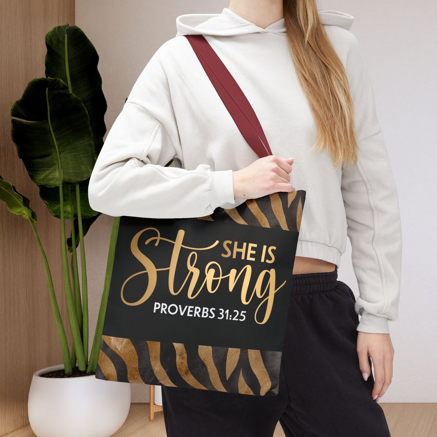 She is Strong Leopard Print Travel Bag | Inspirational Proverbs 31:25 Inspired Designer Travel Bag for Faith-Filled Living Double sided print and Everyday Encouragement