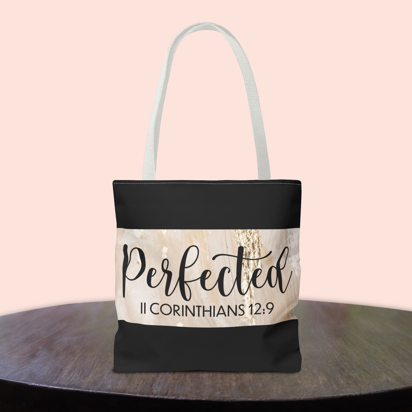 Perfect in Weakness – 2 Corinthians 12:9 Inspirational Scripture Travel Tote Bag (Double-sided print)