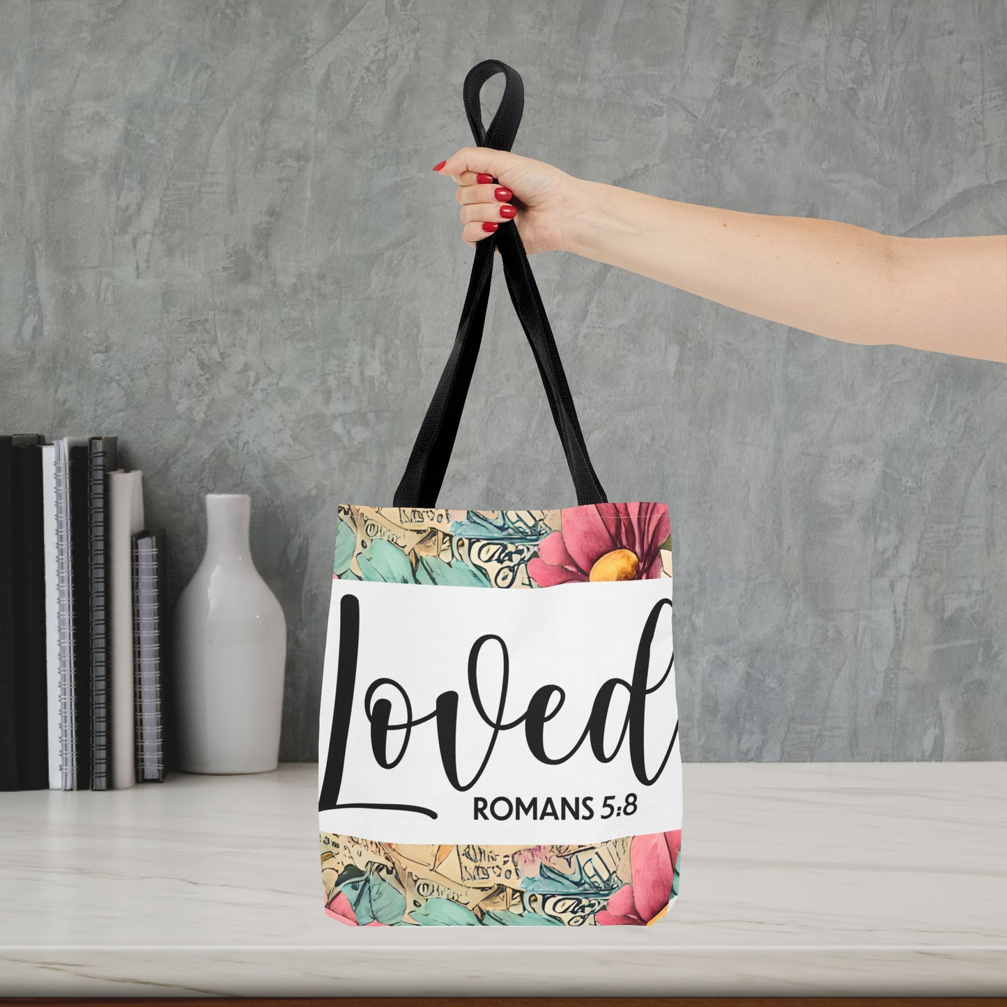 Loved romans 5:8 designer travel bag Unconditional Love" (double sided print) – Romans 5:8 Scripture-Inspired Fashion for the Faithful