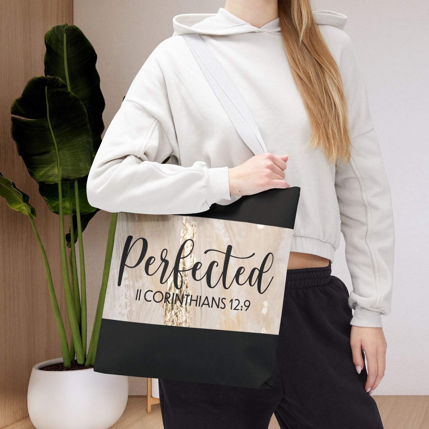Perfect in Weakness – 2 Corinthians 12:9 Inspirational Scripture Travel Tote Bag (Double-sided print)