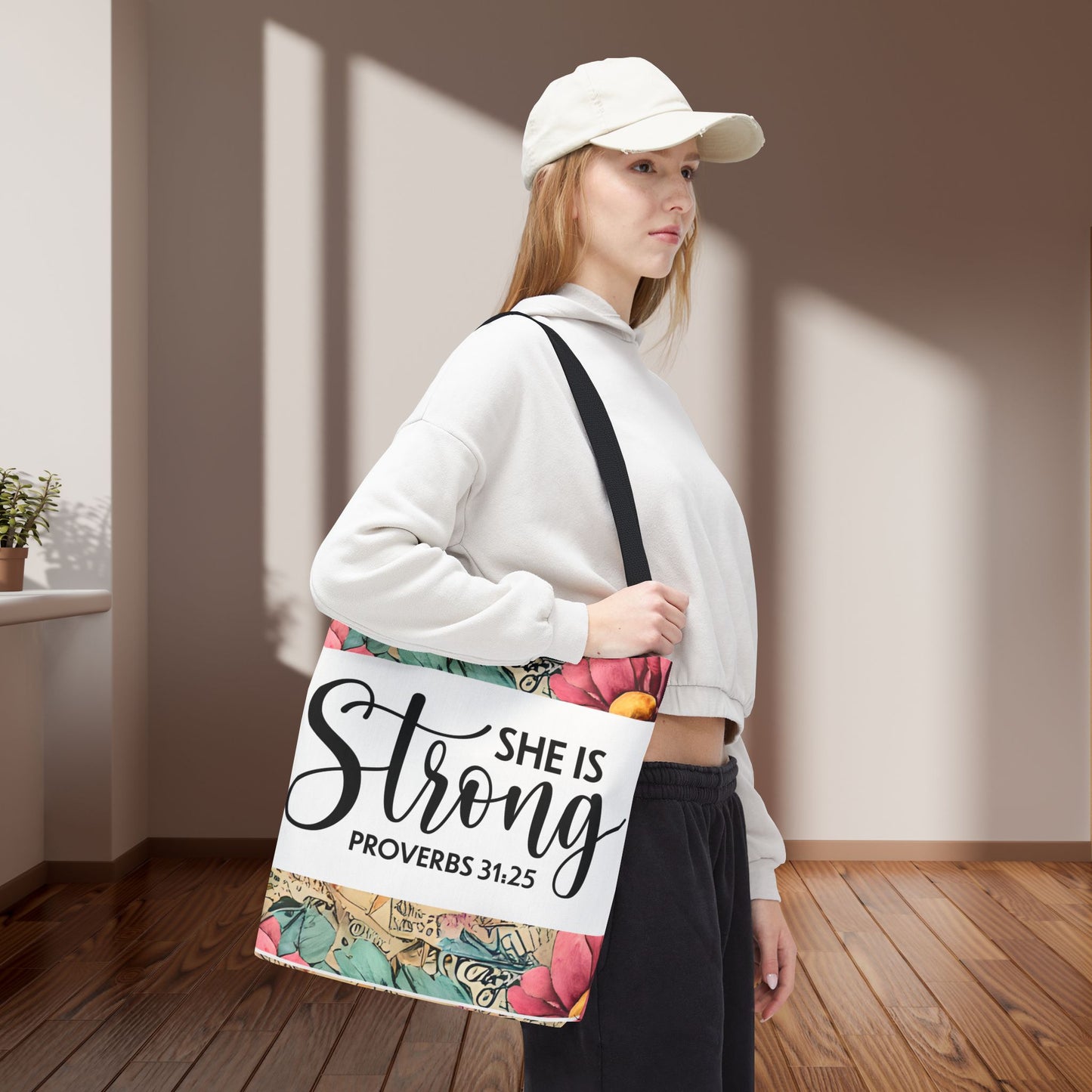 She Is Strong floral Print Travel designer bag – Proverbs 31:25 | Bold Faith, Everyday Style Double sided print