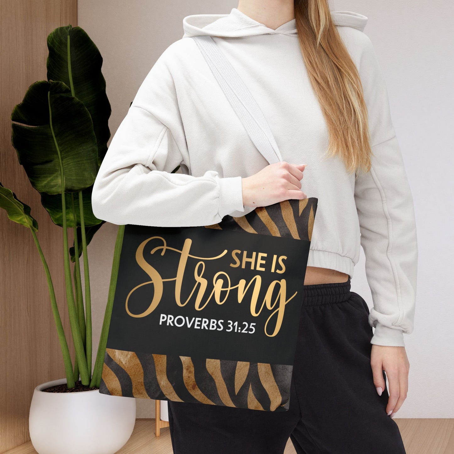 She is Strong Leopard Print Travel Bag | Inspirational Proverbs 31:25 Inspired Designer Travel Bag for Faith-Filled Living Double sided print and Everyday Encouragement