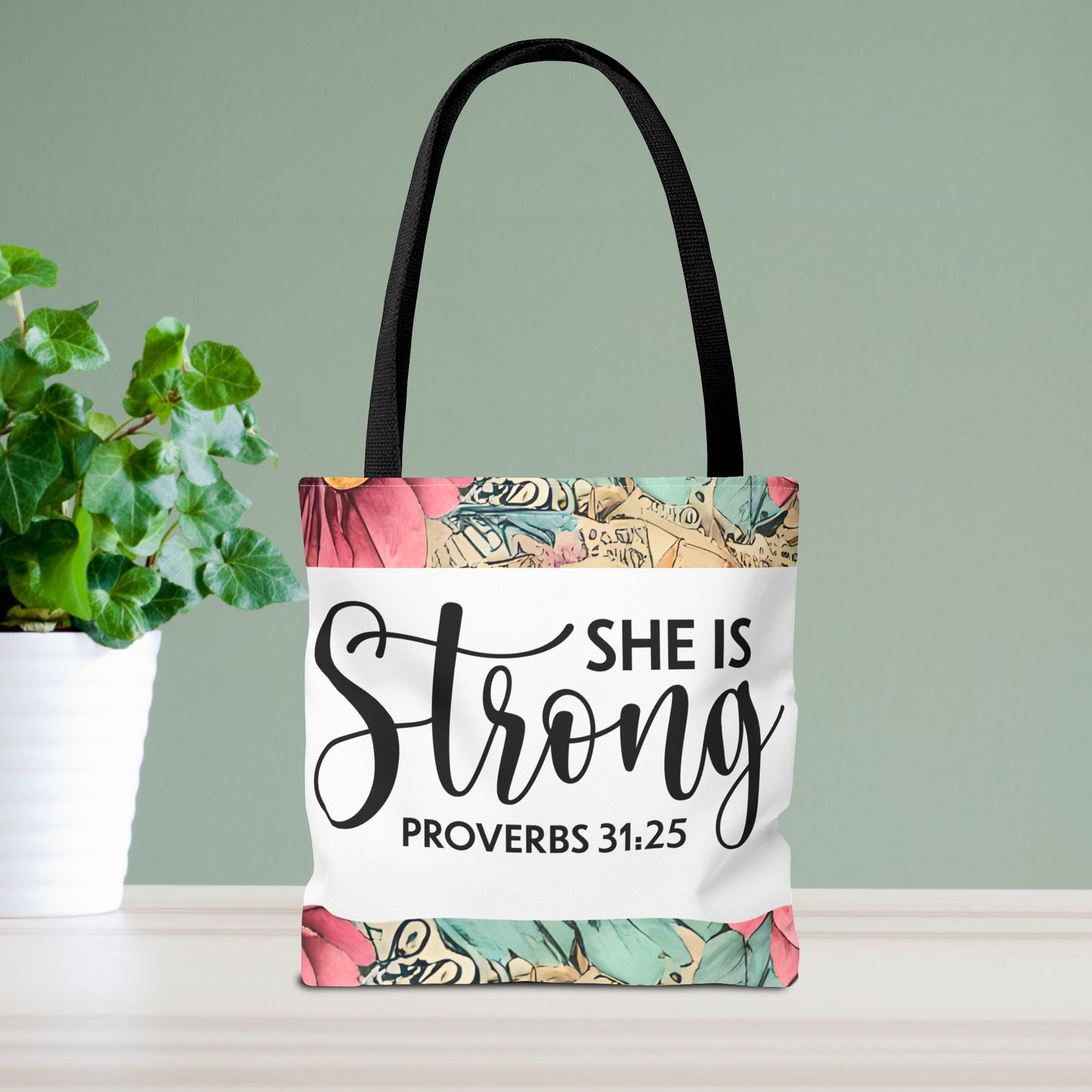 She Is Strong floral Print Travel designer bag – Proverbs 31:25 | Bold Faith, Everyday Style Double sided print