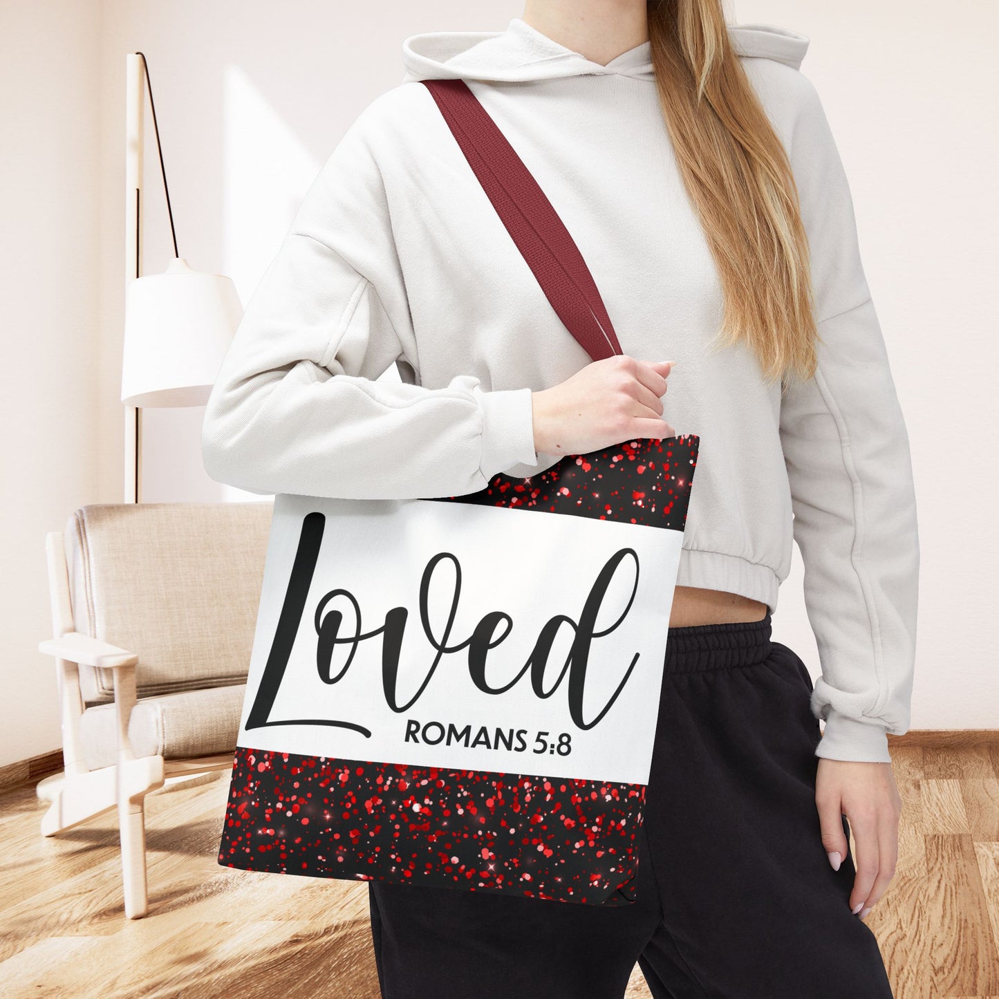Loved Designer Travel Bag – Romans 5:8 | Inspirational Christian Bag Celebrating Unconditional Love" Loved romans 5:8 designer travel bag