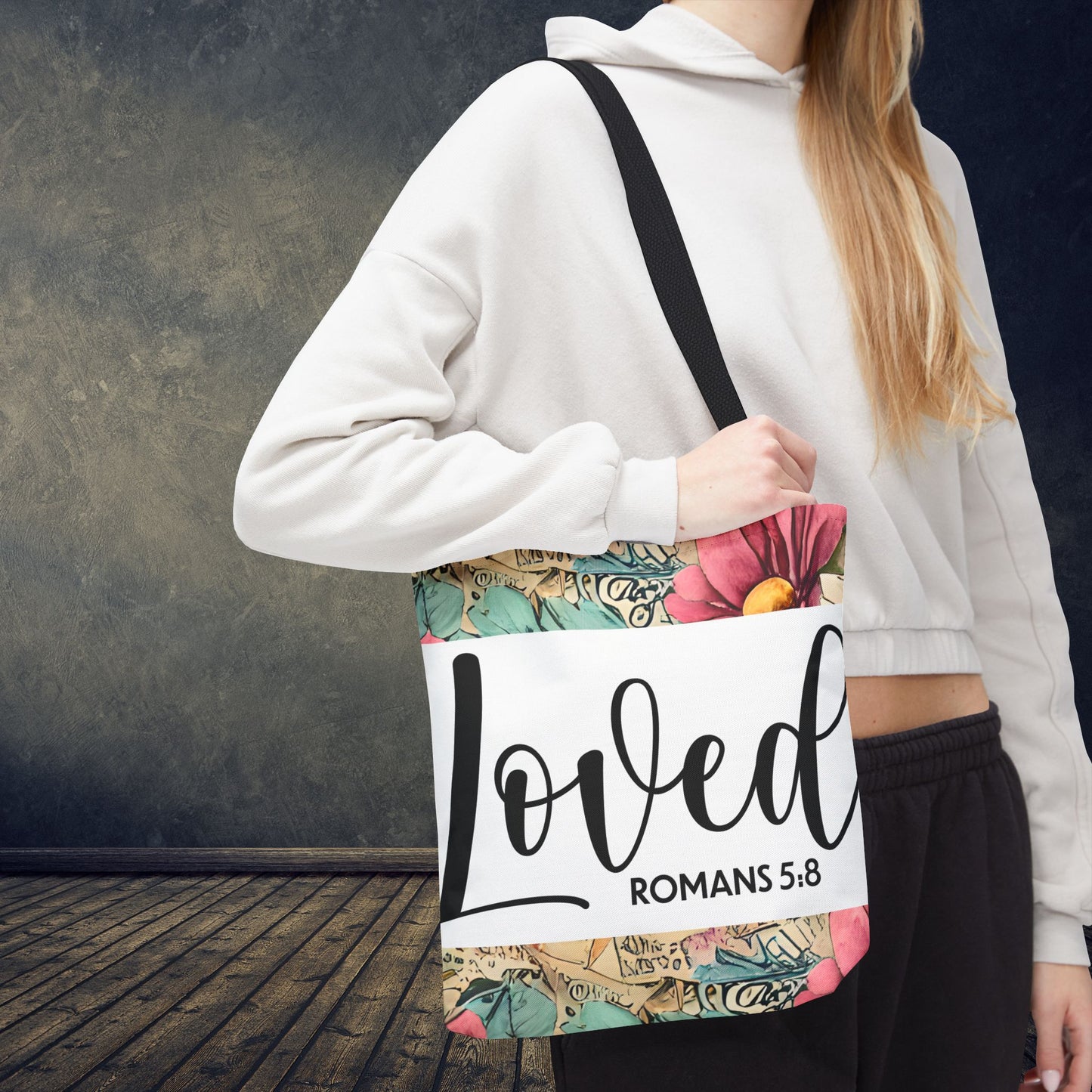 Loved romans 5:8 designer travel bag Unconditional Love" (double sided print) – Romans 5:8 Scripture-Inspired Fashion for the Faithful