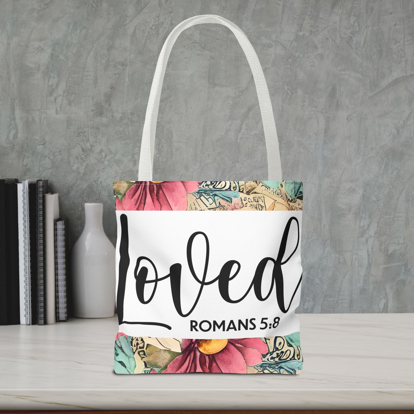 Loved romans 5:8 designer travel bag Unconditional Love" (double sided print) – Romans 5:8 Scripture-Inspired Fashion for the Faithful