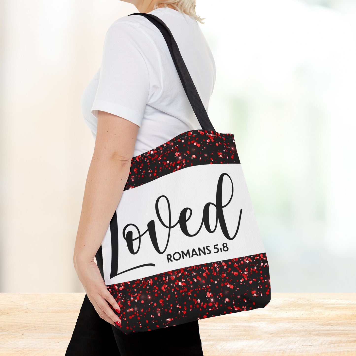Loved Designer Travel Bag – Romans 5:8 | Inspirational Christian Bag Celebrating Unconditional Love" Loved romans 5:8 designer travel bag
