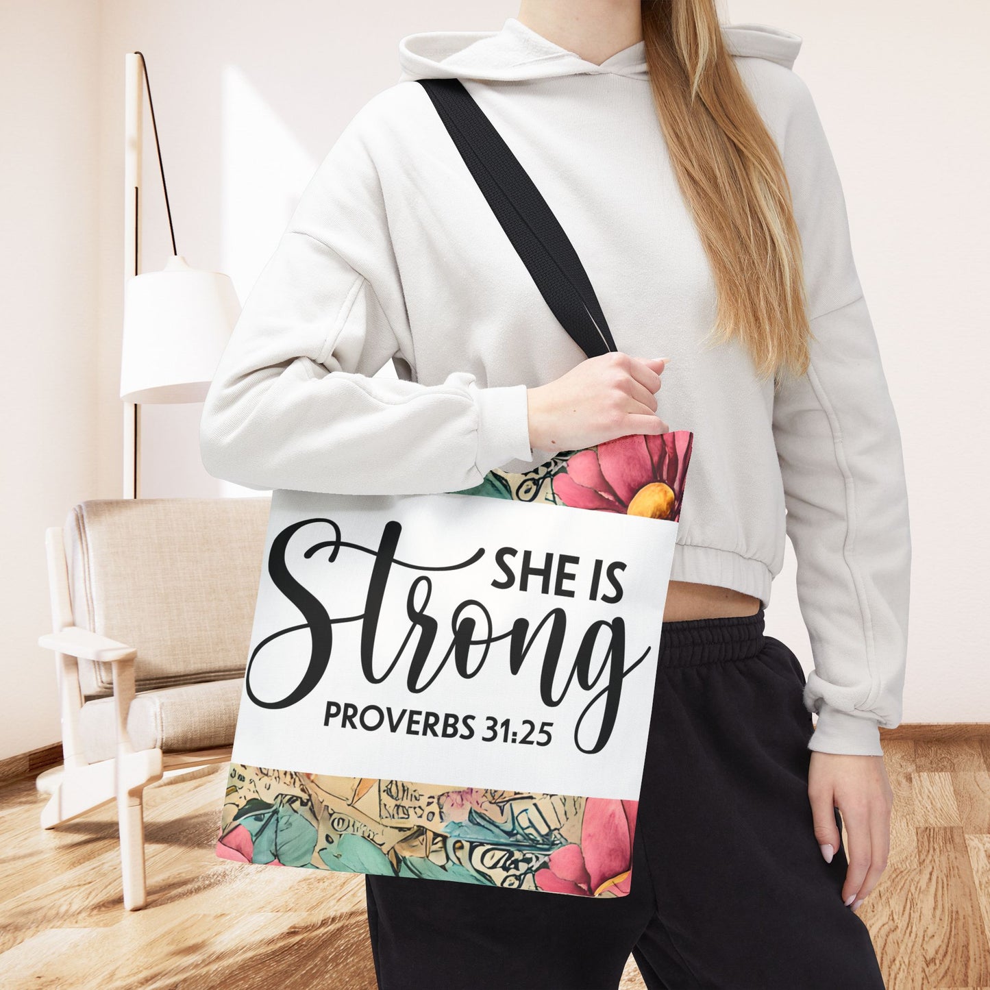 She Is Strong floral Print Travel designer bag – Proverbs 31:25 | Bold Faith, Everyday Style Double sided print